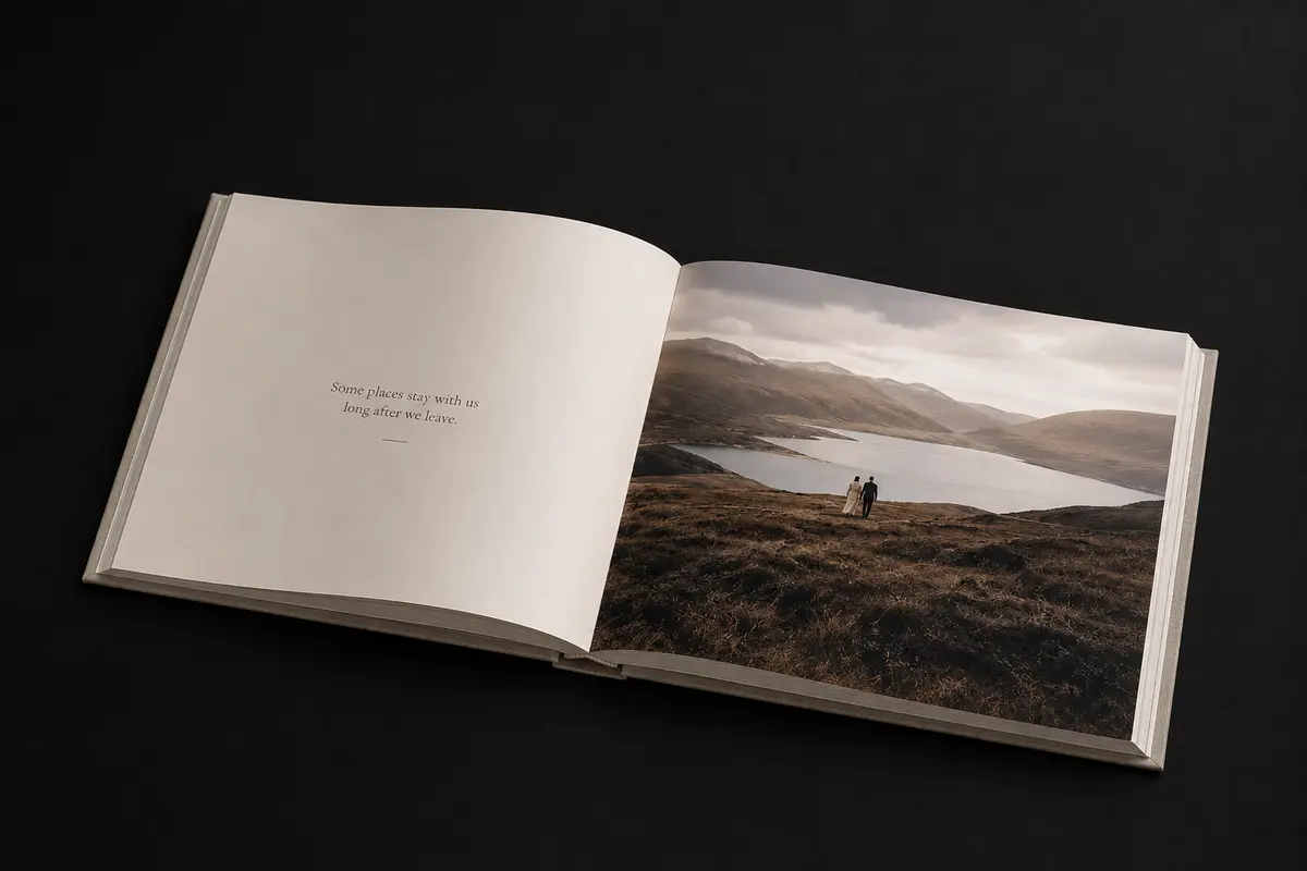 An open Nearer Storybook with a full-page photo on the left and a written memory with both perspectives on the right